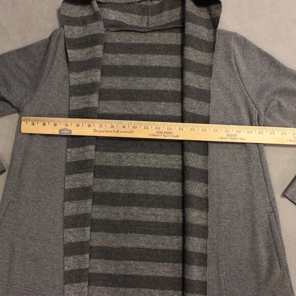 Gray Open Front Hooded Cardigan Sweater Jacket Long Sleeve Striped Lining Medium - Picture 4 of 6